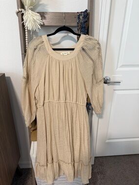 Boho Gauze Crochet Shoulder Midi Dress in Beige